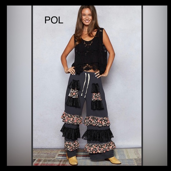 POL Pants - NWOT POL Black and Floral Ruffled Wide Leg Pants
